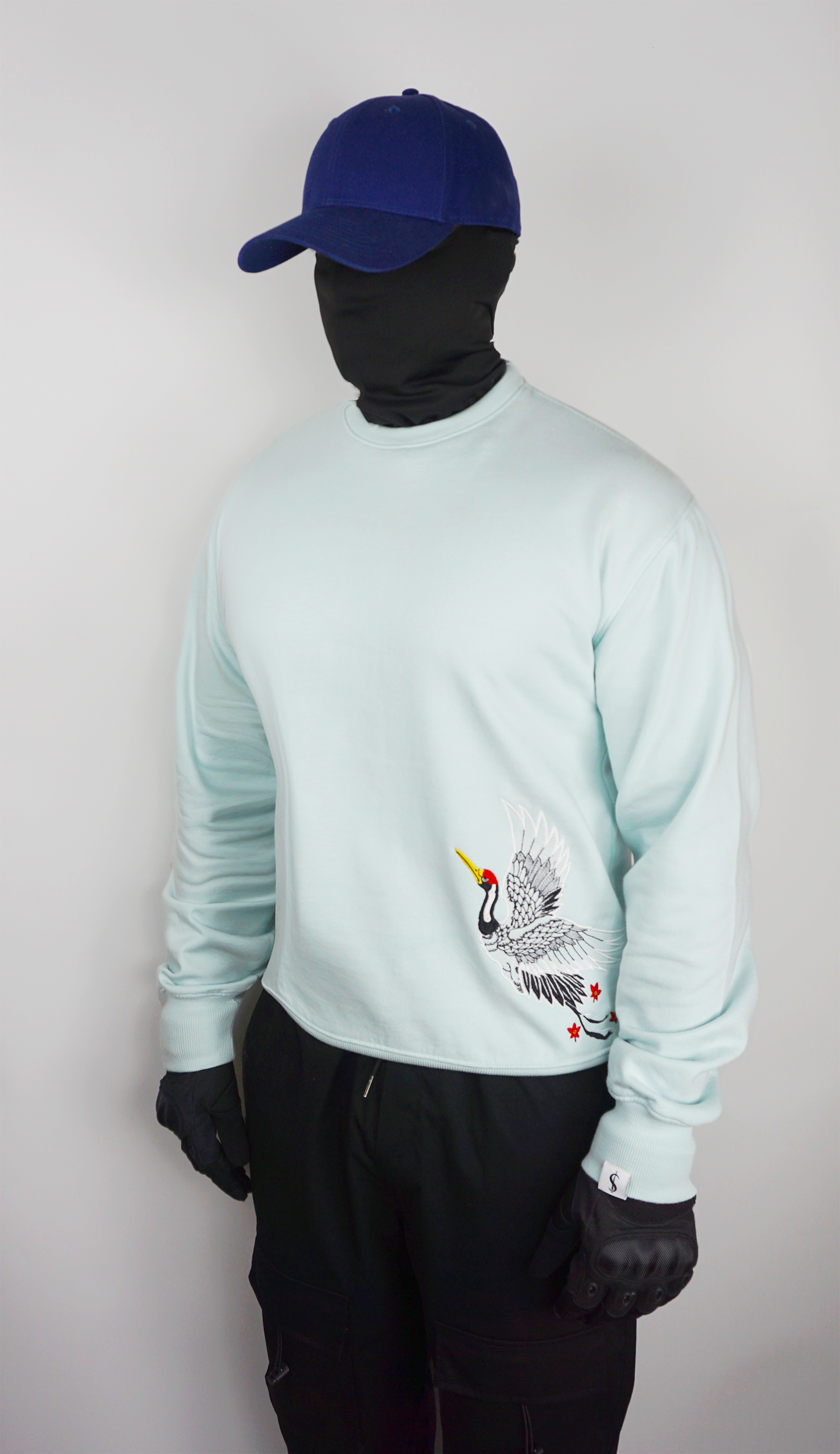 Swooping Crane Embroidered Crew Sweater