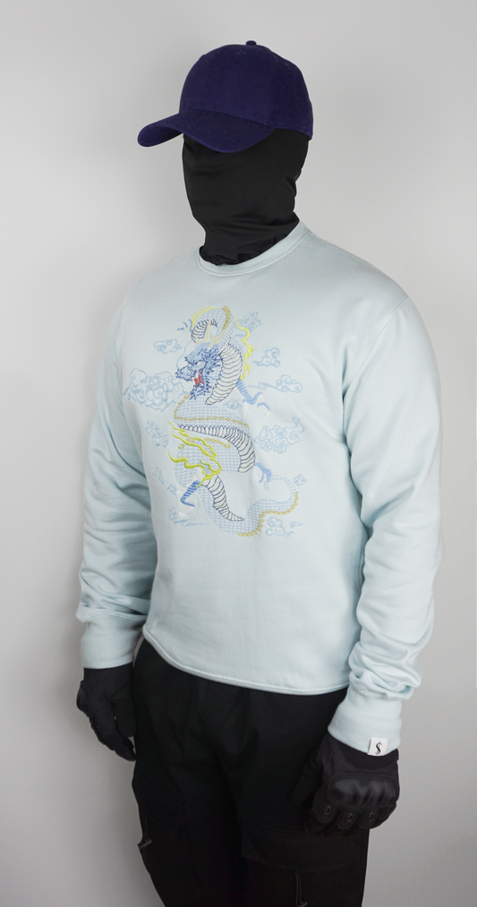 Artic Blue Crew Dragon Embroidered Sweater