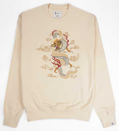 Dragon Embroidered Sand Gold Crew Sweater