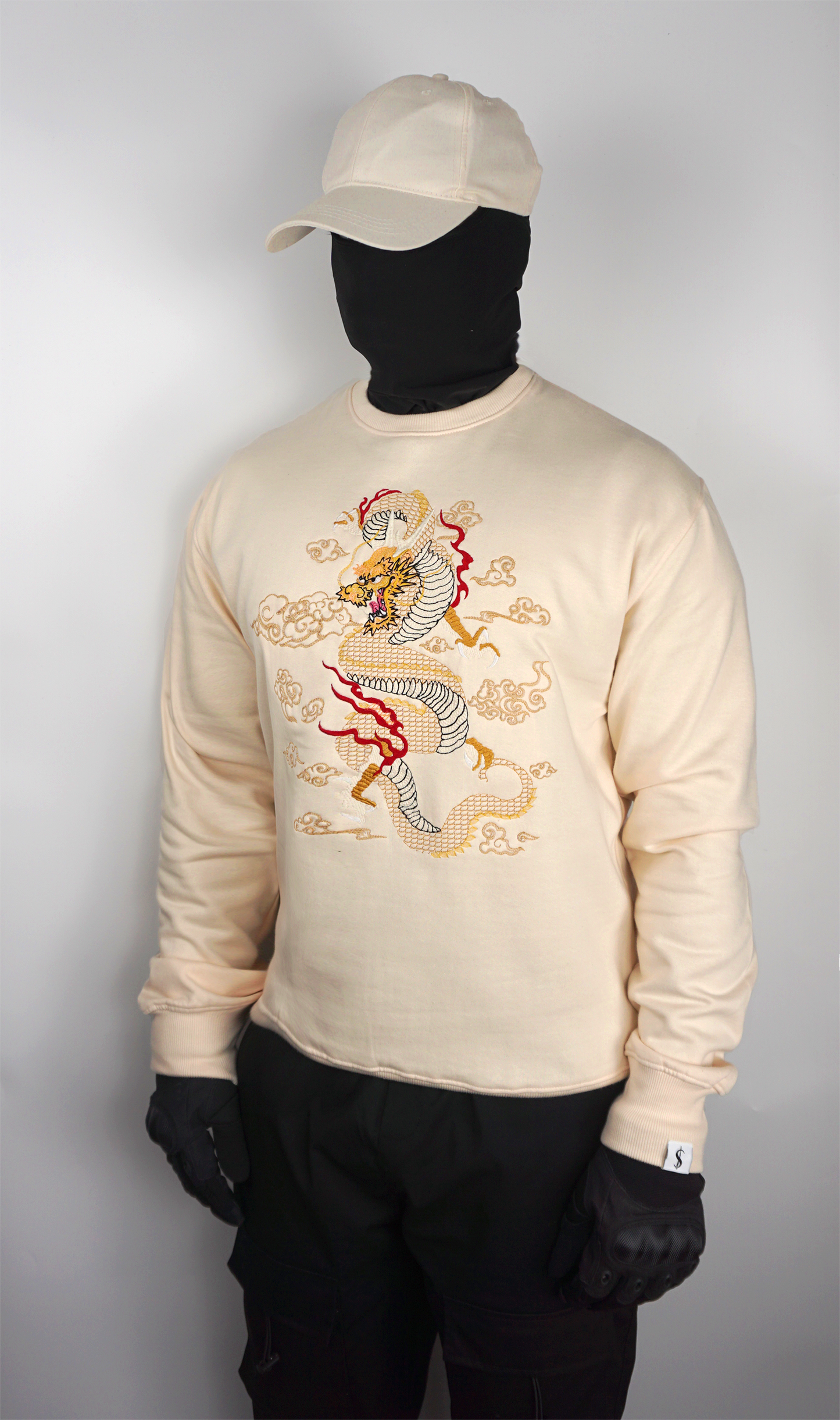 Dragon Embroidered Sand Gold Crew Sweater